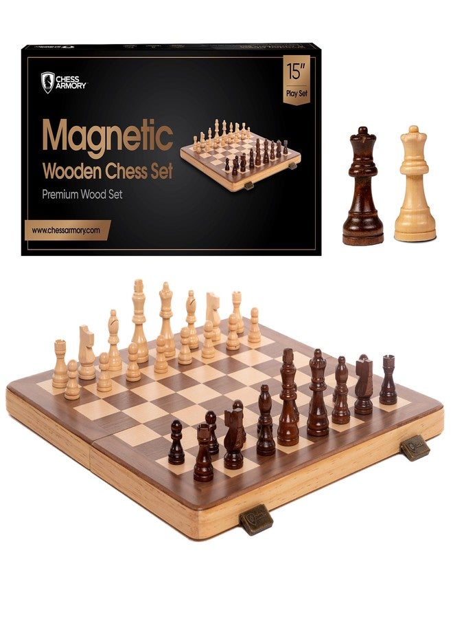 Chess Armory 15 Inch Magnetic Wooden Chess Set for Adults & Kids - Folding Travel Chess Board with Handcrafted Staunton Pieces, Extra Queens, and Storage Slots - Image 1